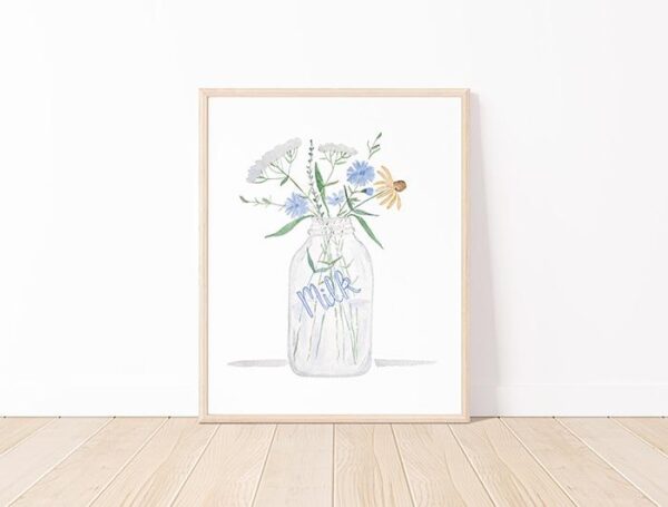 Wildflowers In A Milk Bottle 8x10 Watercolor Art Print