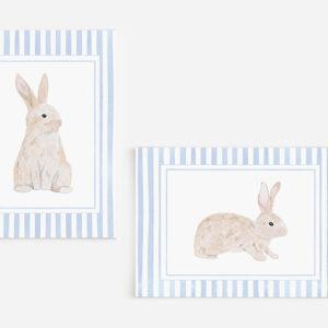 Blue Striped Watercolor Bunnies 5x7 Art Prints