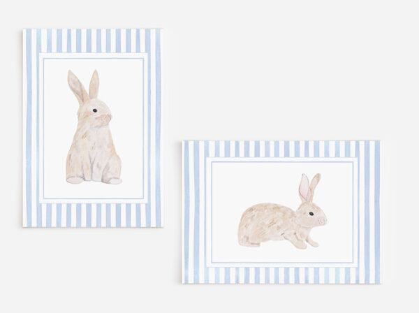 Blue Striped Watercolor Bunnies 5x7 Art Prints