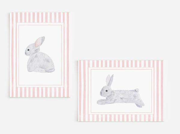 Pink Striped Watercolor Bunnies 5x7 Art Prints