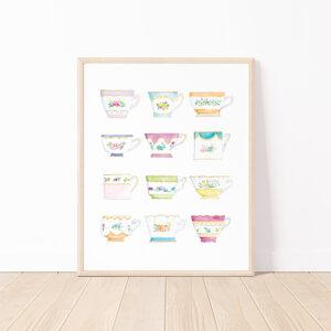 Vintage Floral Tea Cups Watercolor Art Print