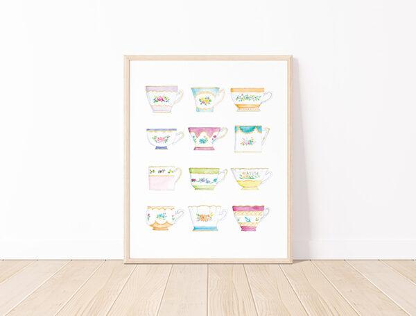 Vintage Floral Tea Cups Watercolor Art Print