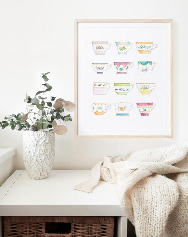 Vintage Floral Tea Cups Watercolor Art Print - Image 2