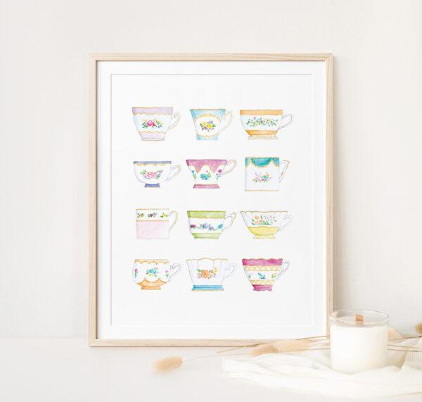 Vintage Floral Tea Cups Watercolor Art Print - Image 3