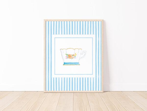 Striped Teacup Art Print In Aqua