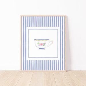 Striped Teacup Art Print In Dark Blue