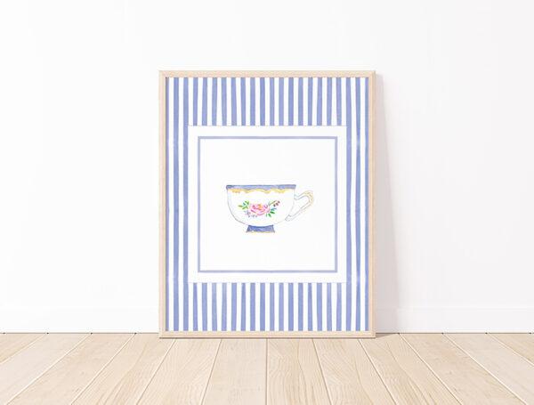 Striped Teacup Art Print In Dark Blue