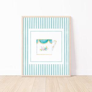 Striped Teacup Art Print In Dark Teal