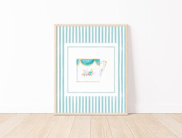 Striped Teacup Art Print In Dark Teal