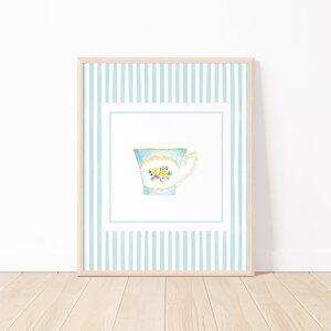 Striped Teacup Art Print In Light Teal