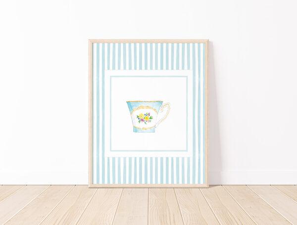Striped Teacup Art Print In Light Teal