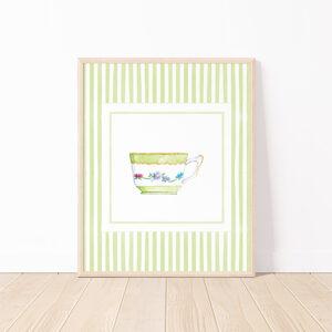 Striped Teacup Art Print In Lime Green