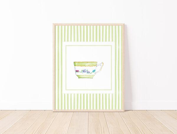 Striped Teacup Art Print In Lime Green