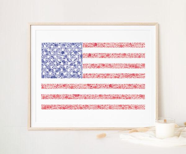 Floral American Flag Watercolor Art Print - Image 3