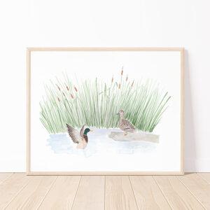 Mallard Ducks And Cattails Watercolor Art Print