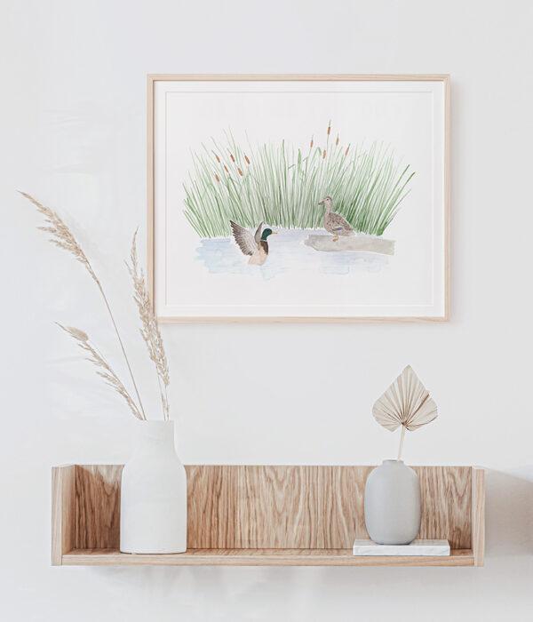 Mallard Ducks And Cattails Watercolor Art Print - Image 2