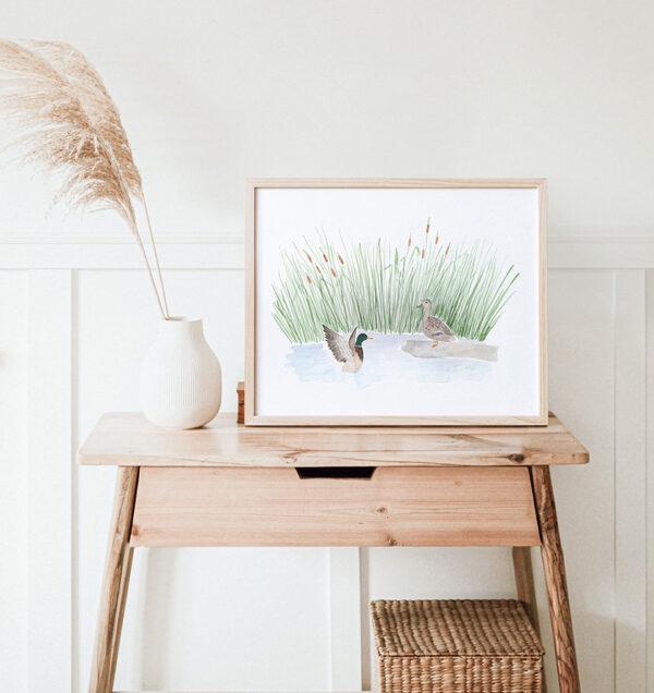 Mallard Ducks And Cattails Watercolor Art Print - Image 3