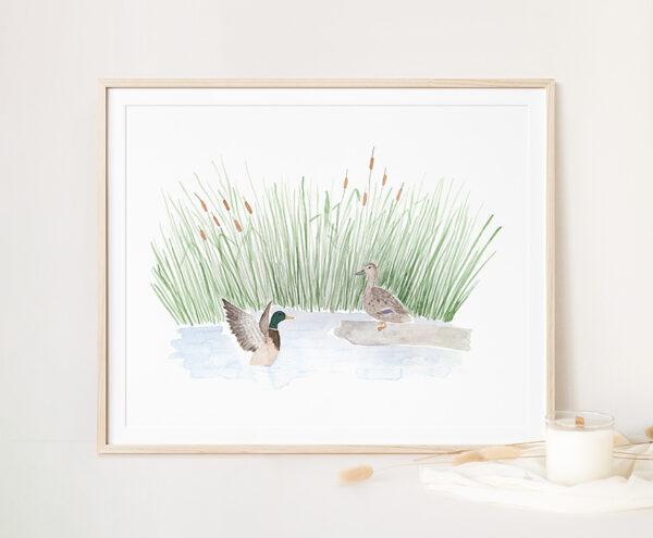Mallard Ducks And Cattails Watercolor Art Print - Image 4