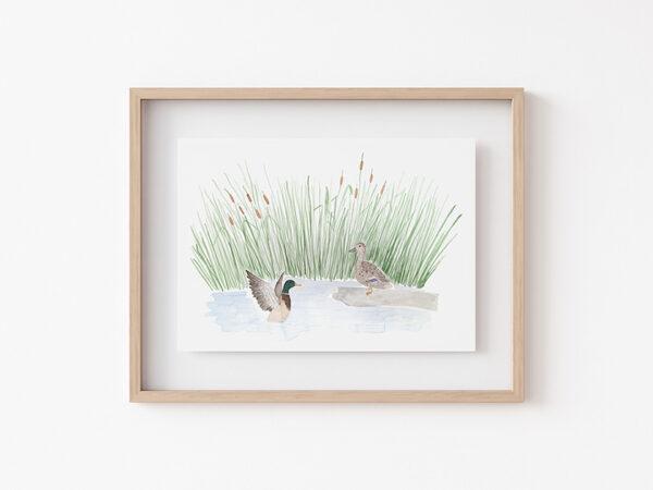 Mallard Ducks And Cattails Watercolor Art Print - Image 5