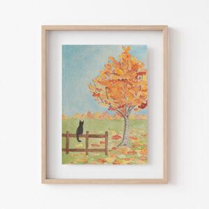 Black Cat And Autumn Trees Watercolor Art Print