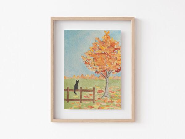 Black Cat And Autumn Trees Watercolor Art Print