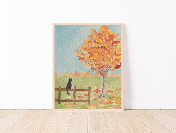 Black Cat And Autumn Trees Watercolor Art Print - Image 3