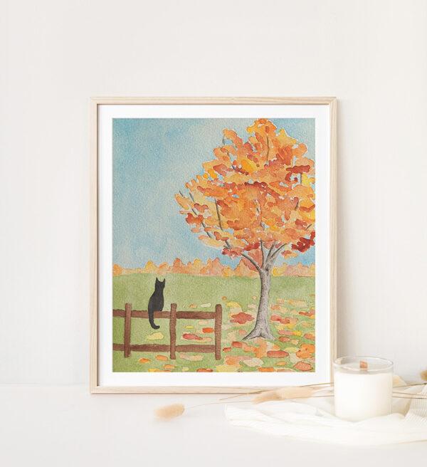 Black Cat And Autumn Trees Watercolor Art Print - Image 4