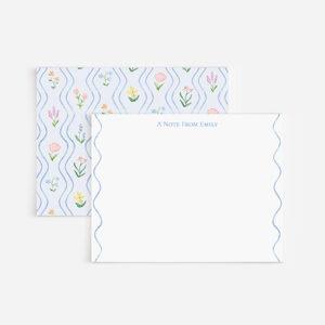 Wildflowers And Blue Wavy Lines Personalized Watercolor Stationery
