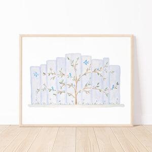 Bookshelf With Tree Watercolor Art Print