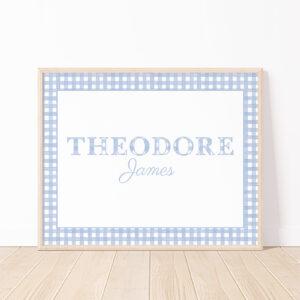 Custom Baby Name Art Print With Watercolor Gingham Pattern