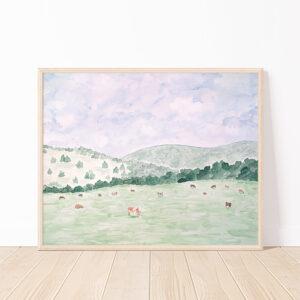Field With Cows Watercolor Art Print