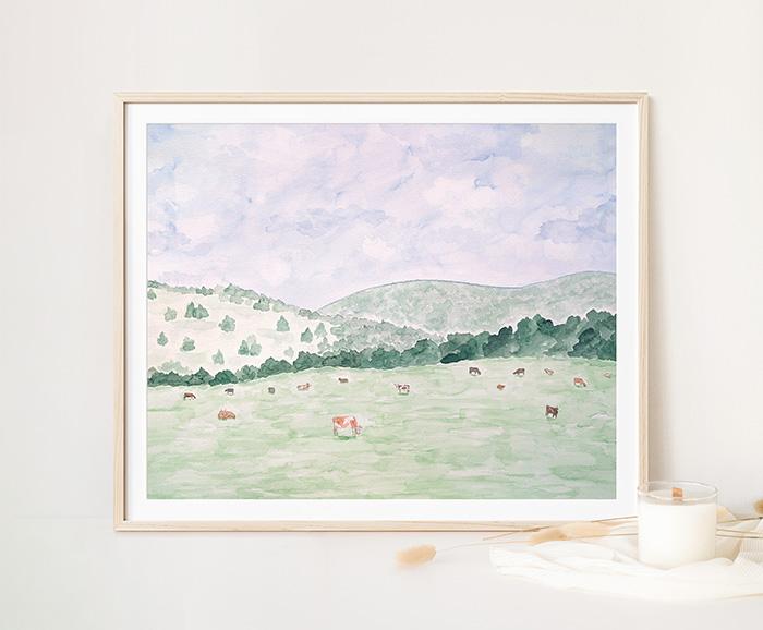 Field With Cows Watercolor Art Print - Image 2