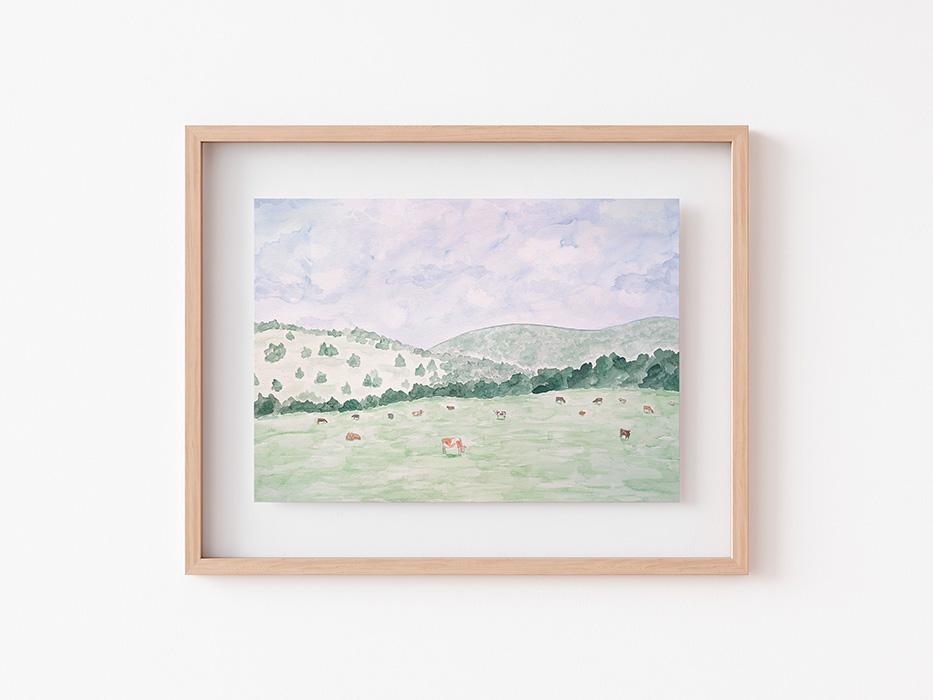 Field With Cows Watercolor Art Print - Image 3