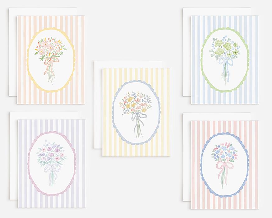 Flower Bouquet Striped Watercolor Greeting Cards Variety Pack Of 10