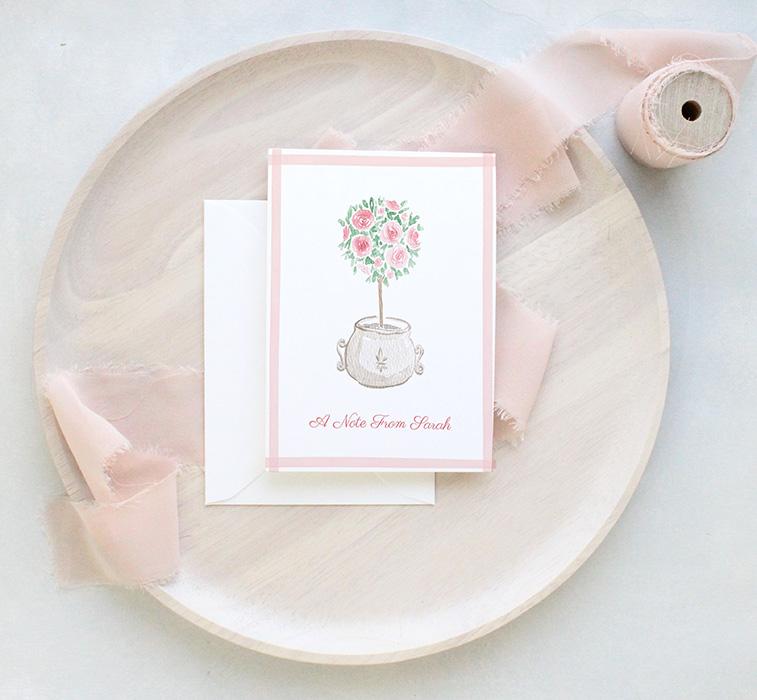 Pink Rose Topiary Personalized Watercolor Greeting Cards - Image 3