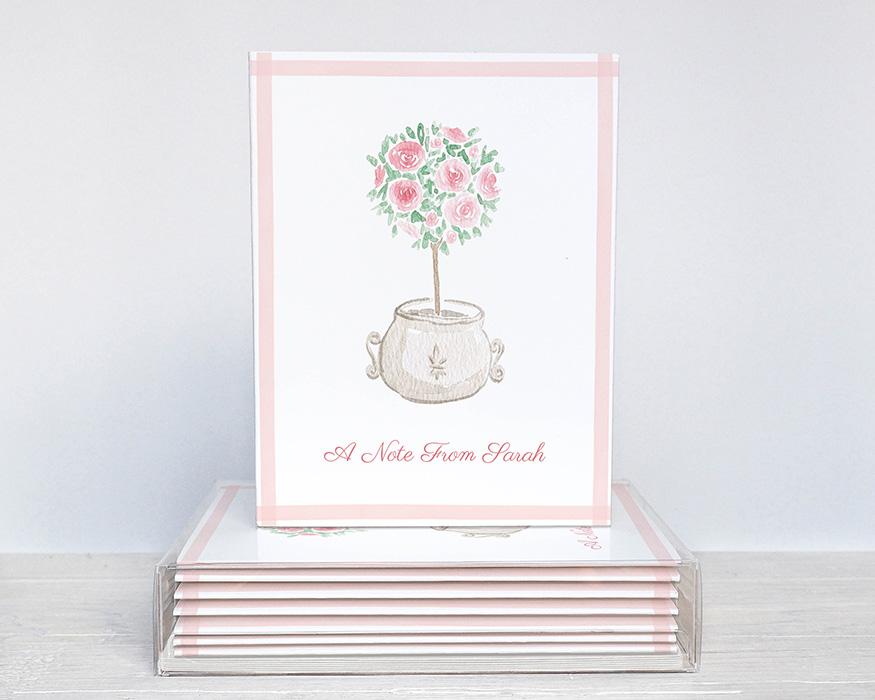Pink Rose Topiary Personalized Watercolor Greeting Cards