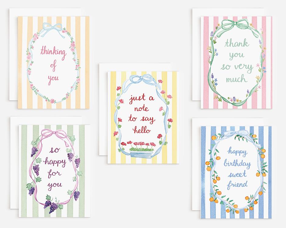 Stripes And Bows Watercolor Greeting Cards Variety Pack Of 10