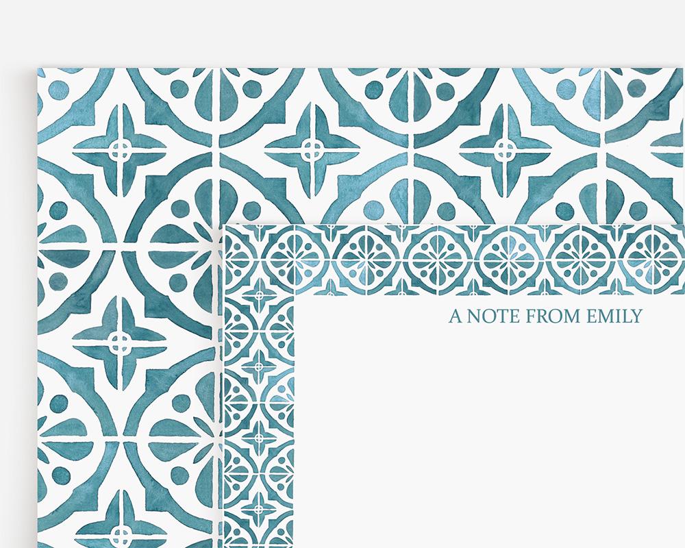 Blue-Green Mediterranean Tiles Personalized Watercolor Stationery Set - Image 3