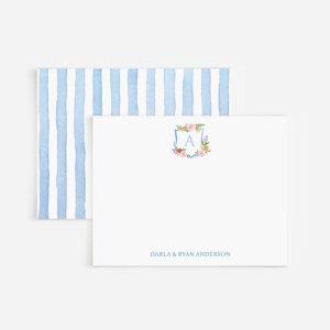 Floral Monogrammed Crest Stationery Set With Blue Watercolor Stripes