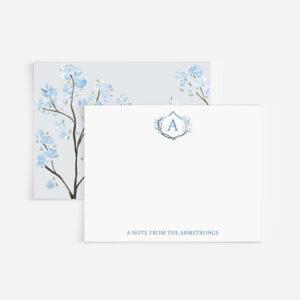 Floral Monogrammed Crest Stationery Set With Blue Floral Watercolor Trees