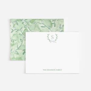 Green Leaves Monogrammed Crest Personalized Stationery Set