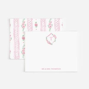 Pink Roses Monogrammed Crest Floral Personalized Stationery Set