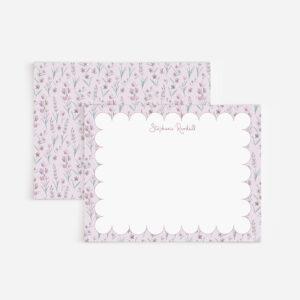 Purple Flowers And Scalloped Border Personalized Watercolor Stationery