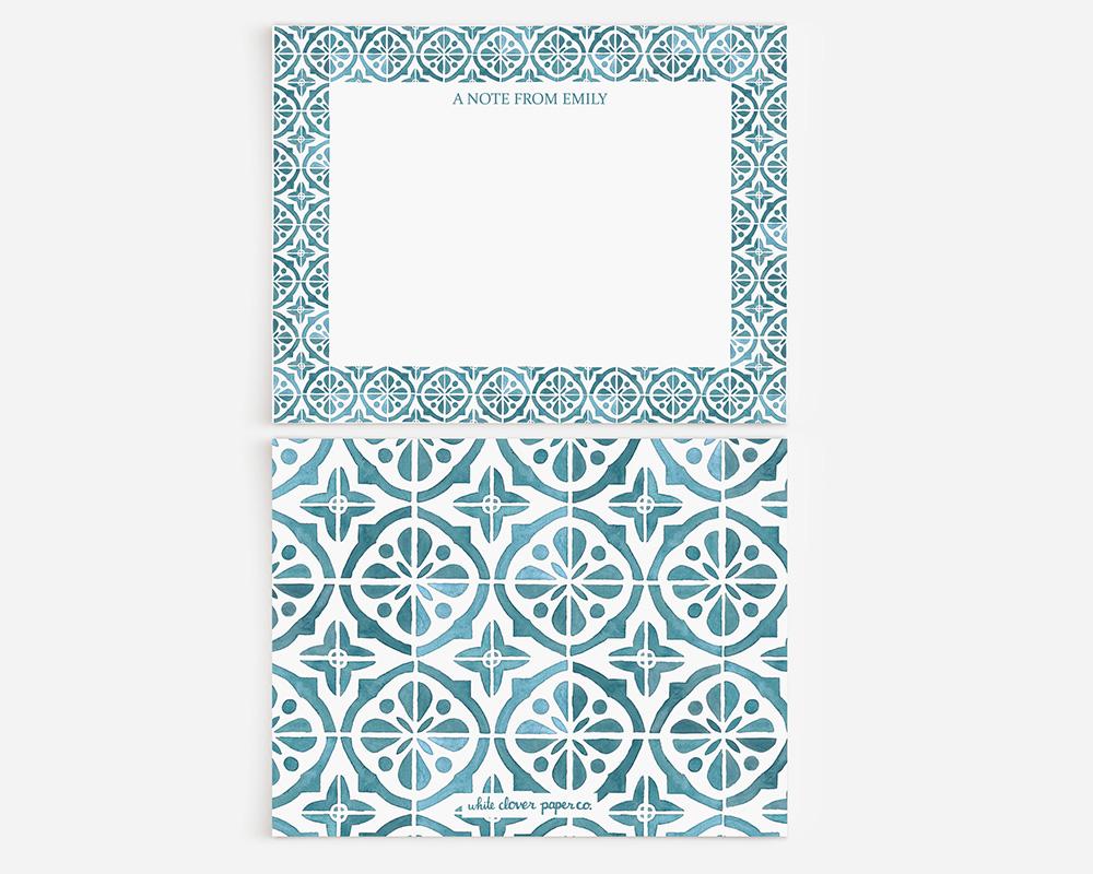 Blue-Green Mediterranean Tiles Personalized Watercolor Stationery Set - Image 2