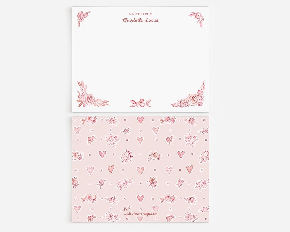 Pink Hearts And Flowers Watercolor Personalized Stationery Set - Image 2