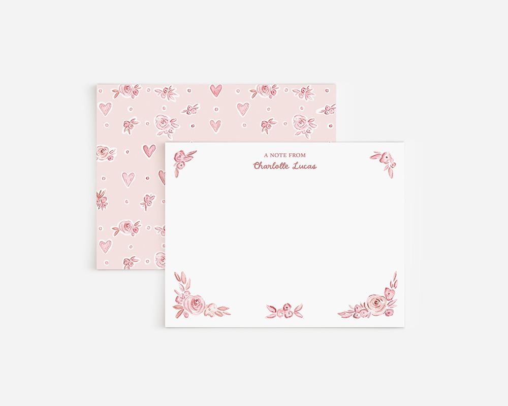 Pink Hearts And Flowers Watercolor Personalized Stationery Set