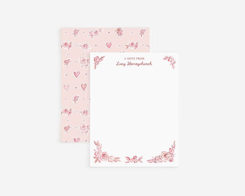 Pink Hearts And Flowers Watercolor Personalized Stationery Set - Image 3