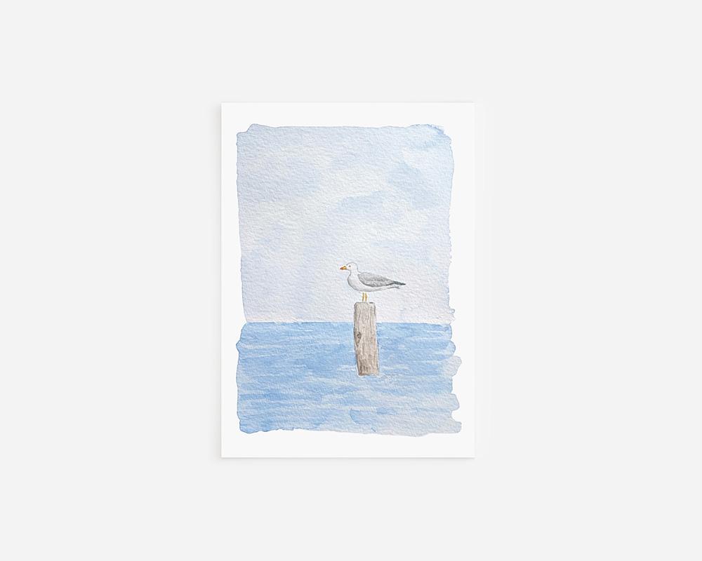 Seagull On A Piling Watercolor Art Print - Image 3