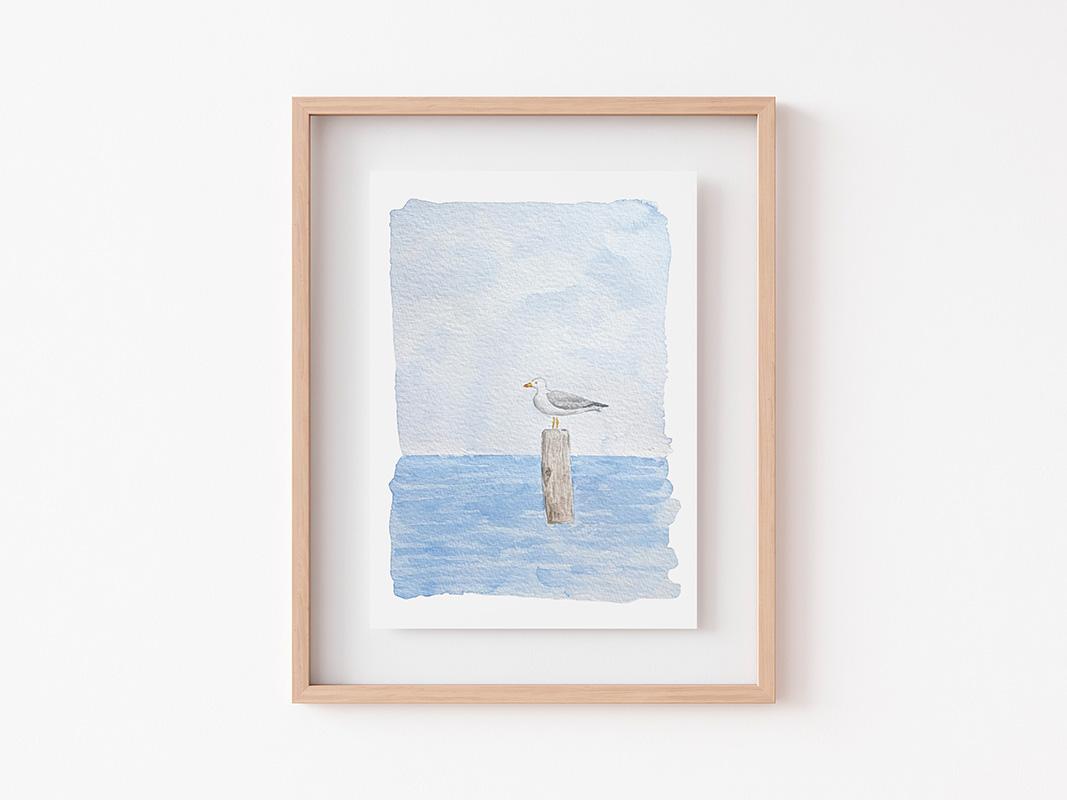 Seagull On A Piling Watercolor Art Print