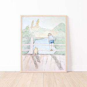 Winnie-The-Pooh Bridge Watercolor Nursery Art Print